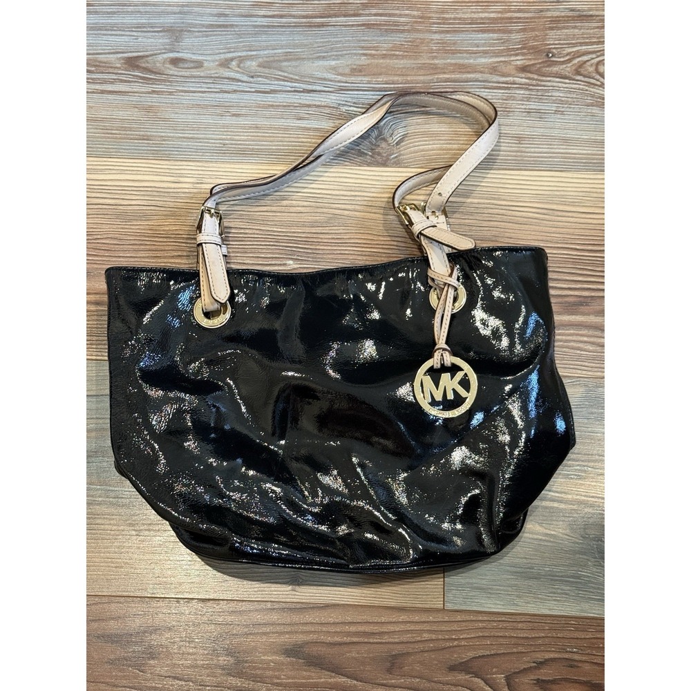 Michael Kors Black Patent Jet Set Purse Large Tote 10.5x14.5"